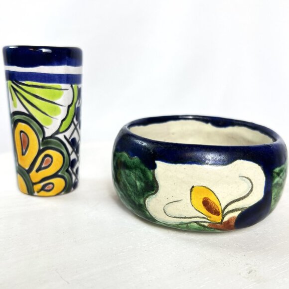 Talavera Mexican Pottery Set Vintage Hand-Painted Shot Glass & Bowl 2 pcs. - Picture 4 of 10